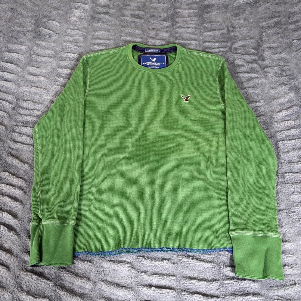 American Eagle Men Large Green Waffle Knit Thermal Long Sleeve Vintage Fit Shirt